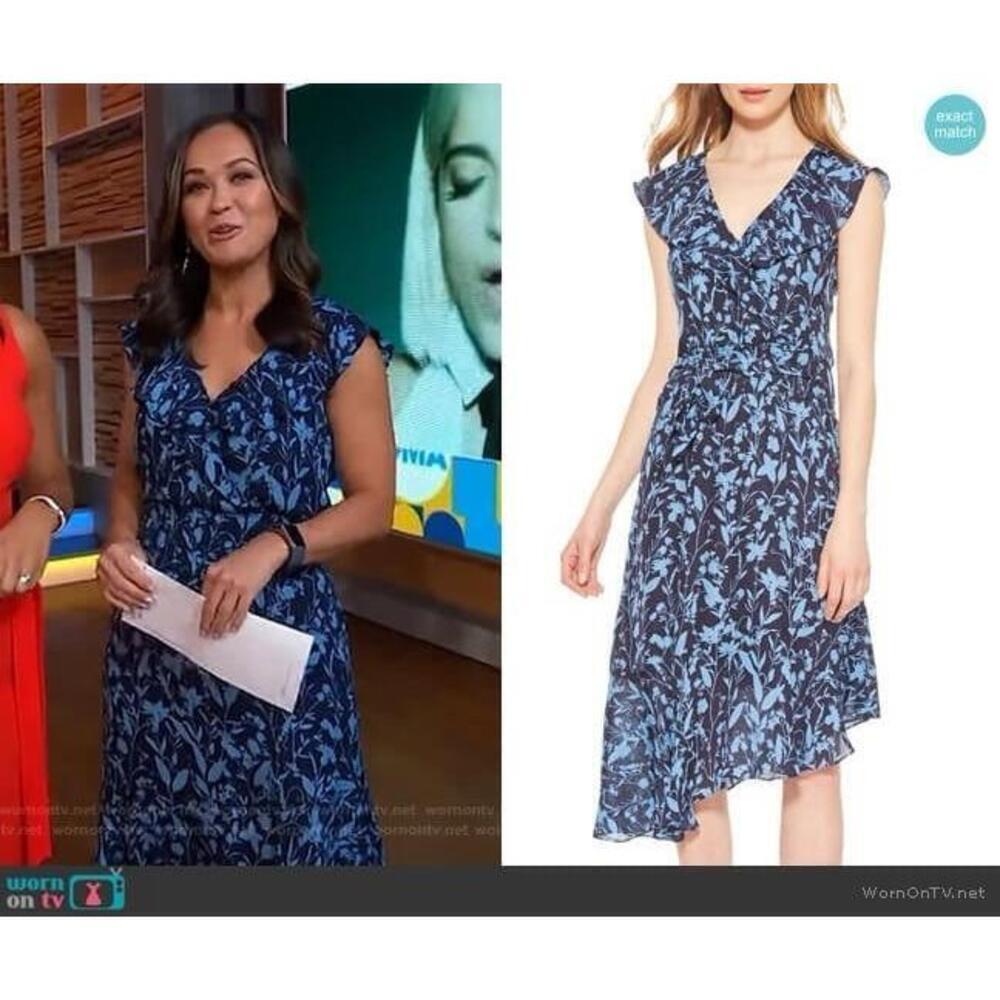 Parker Brynlee Floral Midi Silk Dress Ruffle Smocked Waist V-Neck Blue Sz S ASO